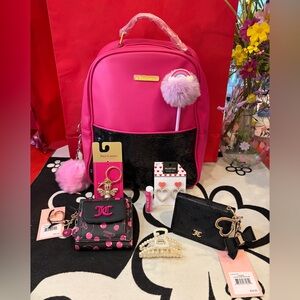 JUICY COUTURE Fuchsia/Black Sequin Backpack unused/still in plastic & 2 Wallets